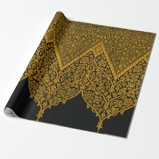 zwart en goud Indische bloemenpatroon Cadeaupapier (Uitgerold)