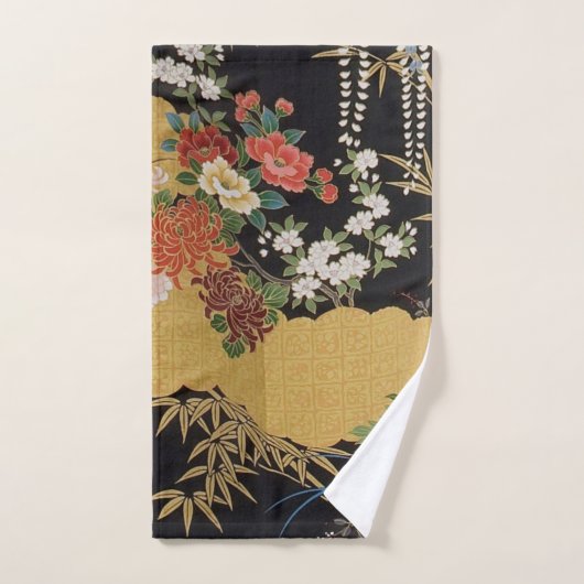 Zwart en Goud Japans Kimono Bloemen 3 Stuk Bad Handdoek (Handdoek)