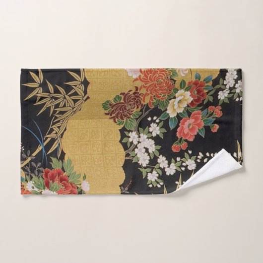 Zwart en Goud Japans Kimono Bloemen 3 Stuk Bad Handdoek (Handdoek)