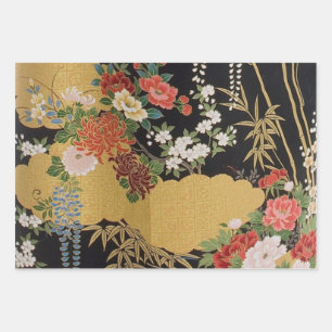 Zwart en Goud Japans Kimono Bloemen Decoupage Inpakpapier Vel