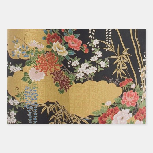Zwart en Goud Japans Kimono Bloemen Decoupage Inpakpapier Vel (Voorkant)