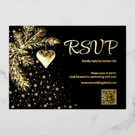 Zwart en Goud Kerstmis Bruiloft QR code RSVP Folie Feestdagenkaart (Voorkant)