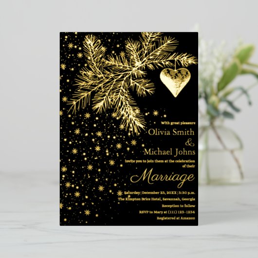 Zwart en Goud Kerstmis Winter Bruiloft Uitnodiging (Staand Voorkant)