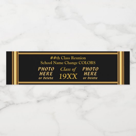 Zwart en Goud Klasse Reunion Waterfles Etiketten (Enkel label)