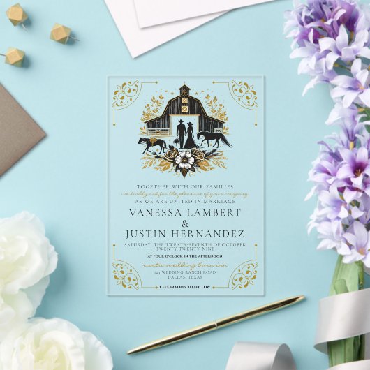 Zwart en Goud Land Bruiloft Acryl Uitnodigingen (Insitu (Huwelijk))