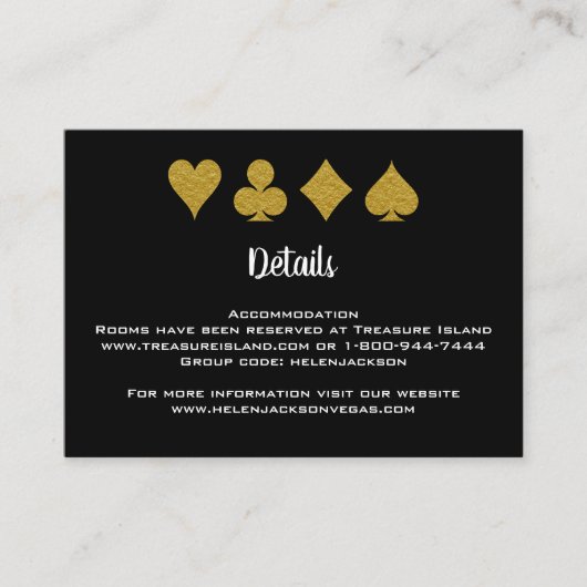 Zwart en Goud Las Vegas Casino bruiloft details Informatiekaartje (Voorkant)