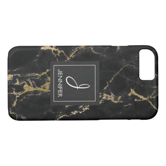 Zwart en Goud Marmer Elegant Monogram Case-Mate iPhone Case (Achterkant (Horizontaal))