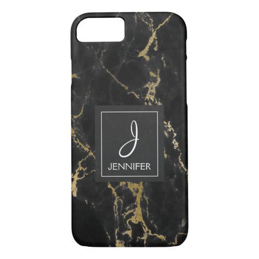 Zwart en Goud Marmer Elegant Monogram Case-Mate iPhone Case (Achterkant)