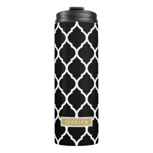 Zwart en Goud Marokkaans Quatrefoil Monogram Thermosbeker