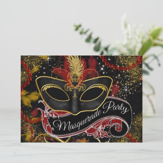 Zwart en Goud Masquerade Party Kaart (Staand voorkant)