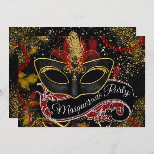 Zwart en Goud Masquerade Party Kaart (Voorkant / Achterkant)