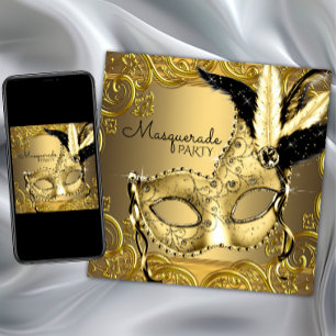 Zwart en Goud Masquerade Party Kaart