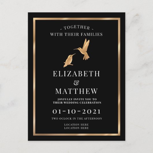 Zwart en Goud met Humming Birds Bruiloft Uitnodiging Briefkaart (Voorkant)
