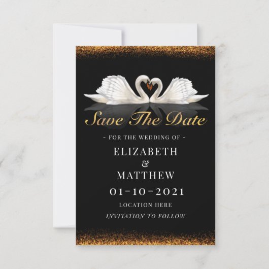 Zwart en goud met swans huwelijk save the date (Voorkant)