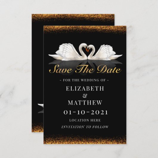 Zwart en goud met swans huwelijk save the date (Voorkant / Achterkant)
