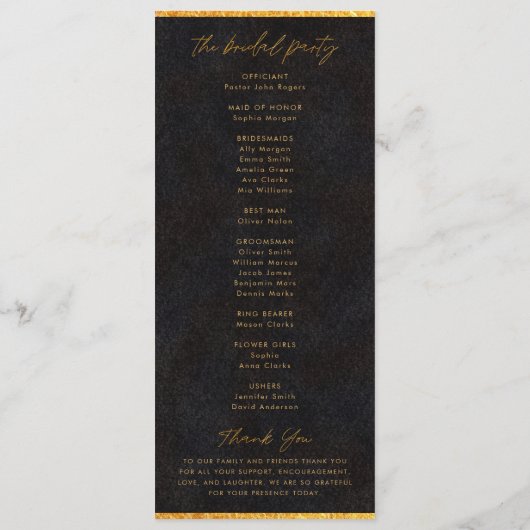 Zwart en goud minimalistisch huwelijksceremonie pr programma (Achterkant)
