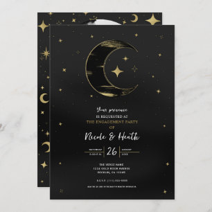 Zwart en goud Modern Celestial Moon Star Verloving Kaart