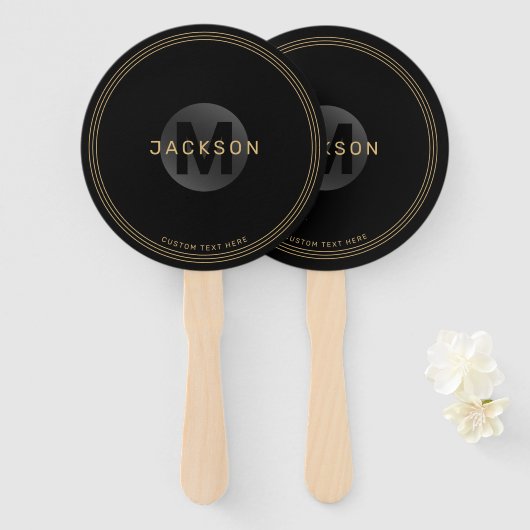 Zwart en goud modern, eenvoudig gepersonaliseerd m handwaaier (Voorkant en achterkant)