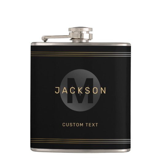 Zwart en goud modern, eenvoudig gepersonaliseerd m heupfles (Voorkant)