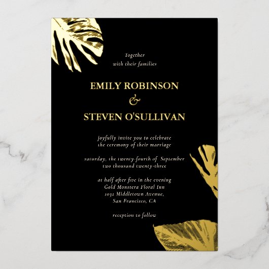 Zwart en Goud Modern Elegant Bruiloft Echt Folie Uitnodiging (Voorkant)