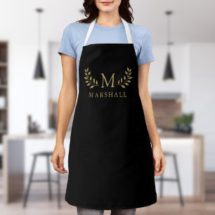 Zwart en goud modern elegante bloemrijke monogram schort