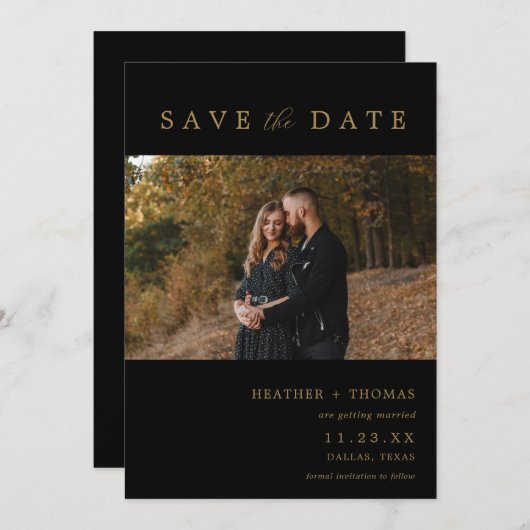Zwart en goud modern foto save the dates kaart (Voorkant / Achterkant)