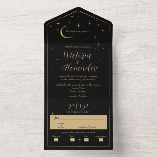 Zwart en goud Modern Minimal Celestial All In One Uitnodiging (Binnen)