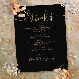 Zwart en goud modern script huwelijksdrankenmenu flyer