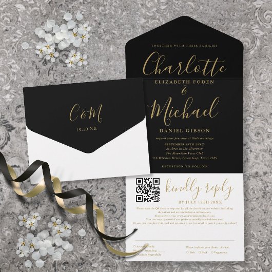 Zwart en Goud Modern Script QR Code Bruiloft All In One Uitnodiging