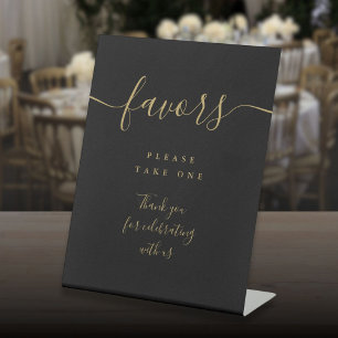 Zwart en goud modern script tafel favorieten reclamebord met voetstuk