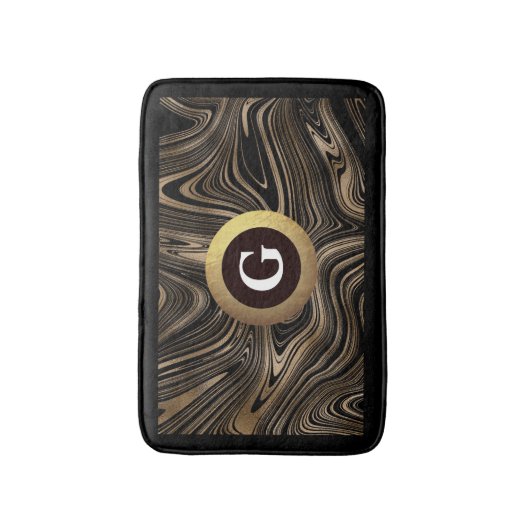 Zwart en Goud Moderne Abstracte Swirls Monogram Badmat (Voorkant Verticaal)