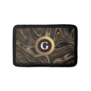Zwart en Goud Moderne Abstracte Swirls Monogram Badmat