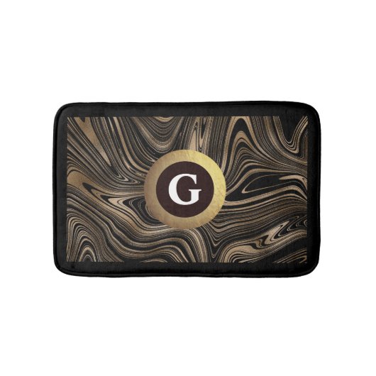 Zwart en Goud Moderne Abstracte Swirls Monogram Badmat (Voorkant)