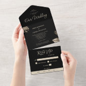 Zwart en goud moderne botanische bruiloft all in one uitnodiging (Afscheurbaar)