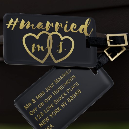 Zwart en goud moderne married bagage labels