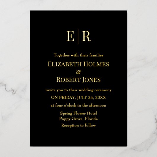 Zwart en Goud Monogram Custom Photo Bruiloft Folie Uitnodiging (Voorkant)