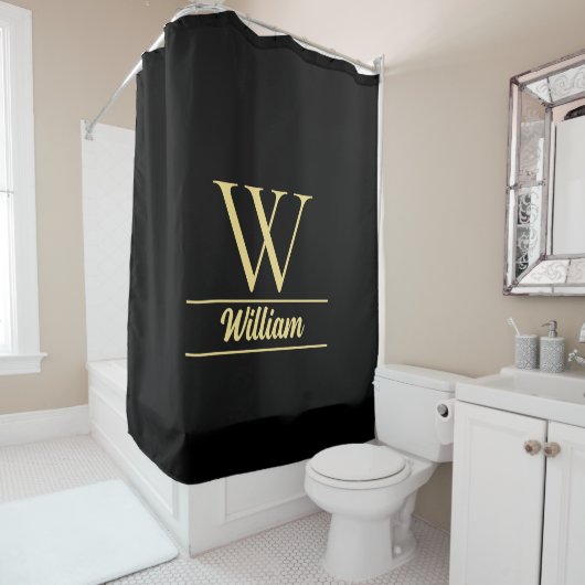 Zwart en goud monogram | Elegant Initiaal script Douchegordijn (In situ)