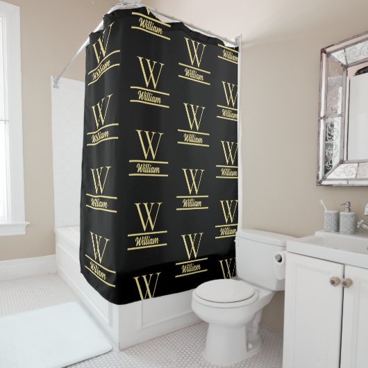 Zwart en goud monogram | Elegant Initiaal script Douchegordijn (In situ)