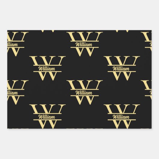 Zwart en goud monogram | Elegant Initiaal script Inpakpapier Vel (Voorkant 3)