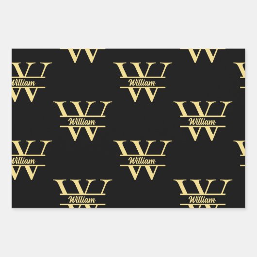 Zwart en goud monogram | Elegant Initiaal script Inpakpapier Vel (Voorkant 2)