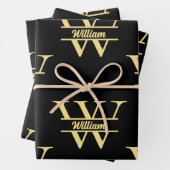 Zwart en goud monogram | Elegant Initiaal script Inpakpapier Vel (In situ)