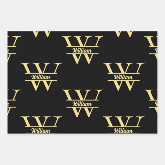Zwart en goud monogram | Elegant Initiaal script Inpakpapier Vel (Voorkant)