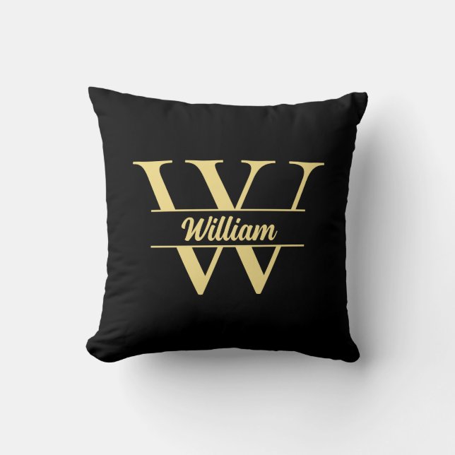 Zwart en goud monogram | Elegant Initiaal script Kussen (Voorkant)