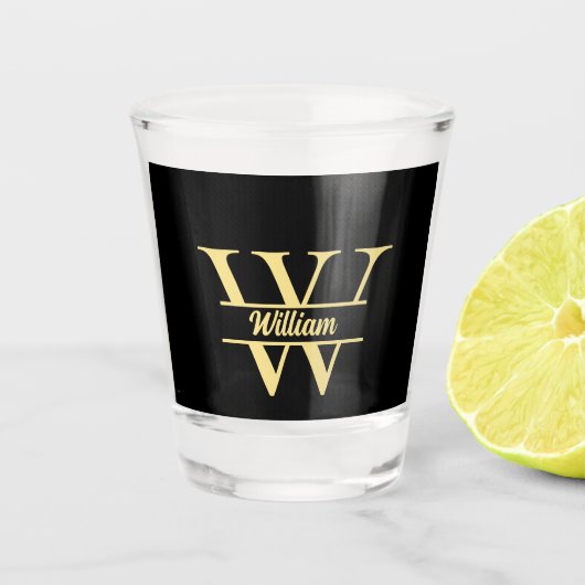 Zwart en goud monogram | Elegant Initiaal script Shot Glas (Voorkant)