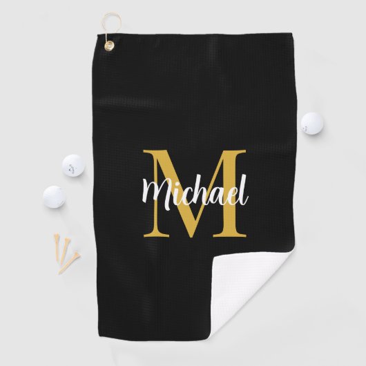 Zwart en Goud Monogram Initiaal Elegante Sjabloon Golfhanddoek (Insitu)