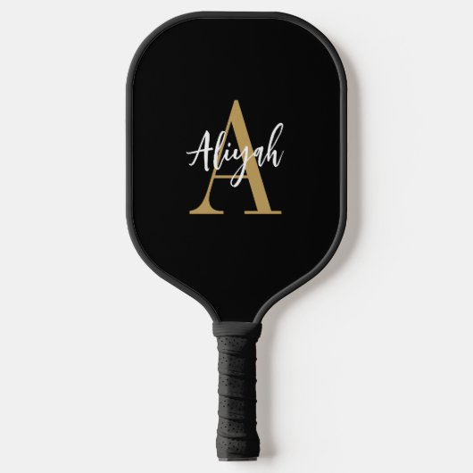 Zwart en Goud Monogram Script Naam Custom Pickleball Paddle (Voorkant)