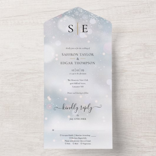 Zwart en Goud Monogram Winter Bruiloft All In One Uitnodiging (Binnen)