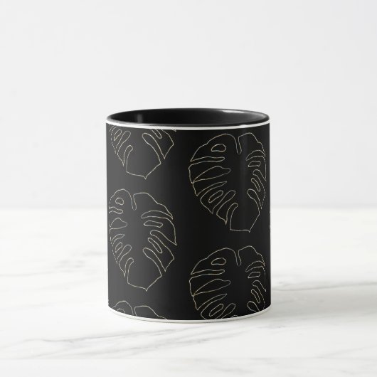 Zwart en Goud Monstera Blad Patroon Koffie Mok (Midden)