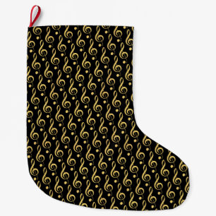 Zwart en goud Musical Treble Clef Stocking Grote Kerstsok