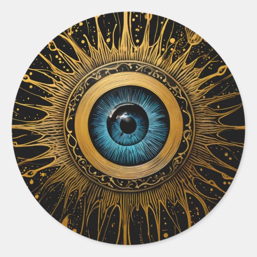 Zwart en Goud Occult Blauw Evil Eye Starburst Ronde Sticker (Voorkant)